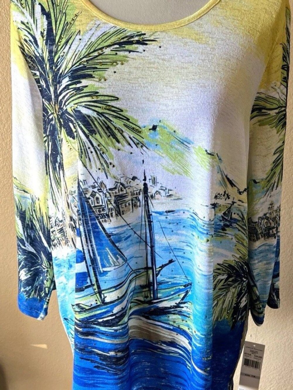 Alfred Dunner Tunic Top Women's 1X Tropical Scenic Scoop Neck 3/4 Sleeve NWT
